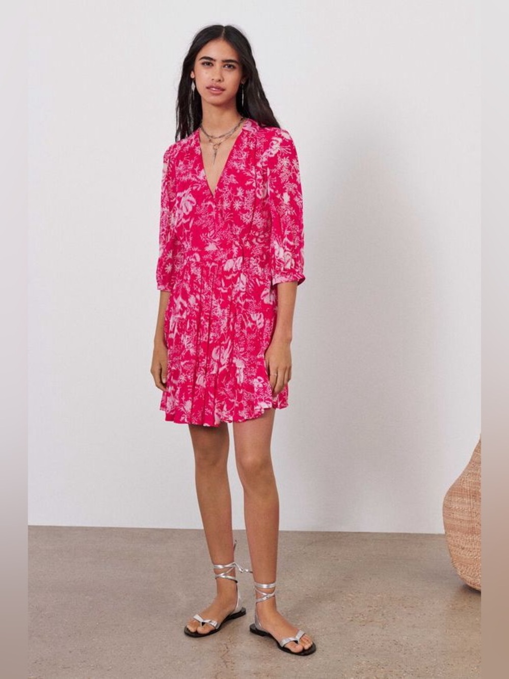 ba&sh Size M (US 6) Ulia Floral Wrap Dress with 3/4 Length Sleeves - Pink/White